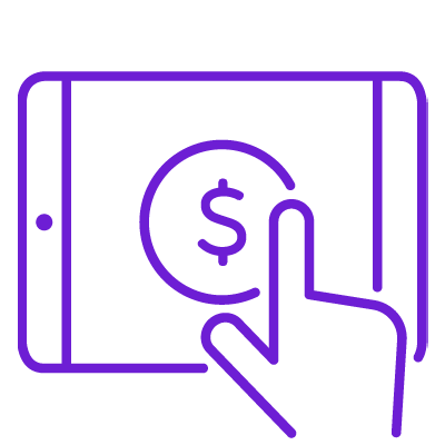 Purple Cell Phone with Finger Pointing at Money Display Graphic